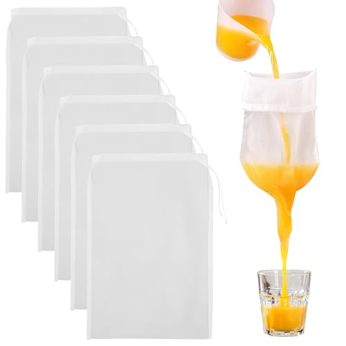 Yesimola Sac à Lait Végétal de Soja 6 Pièces, 20x30cm Blanc Filtre Passoire en Tissu, Sac Filtrant Alimentaire Nylon, Mousseline Alimentaire avec Cordon de Serrage pour Fruits et Café