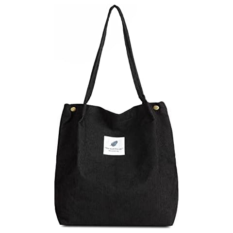 FITDON Corduroy Totes Bag, Shoulder Handbags for Women Girls Big Capacity Shopping Bag with Inner Pocket - Black Cover