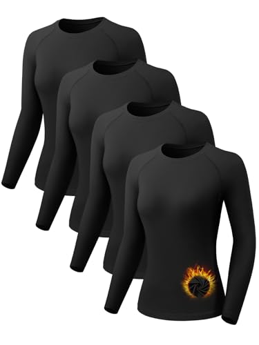 Mexholin 4 Pack Thermal Long Sleeve Shirts for Women Fleece Lined Thermal Underwear Tops Basic Compression Shirts Black/Black/Black/Black M