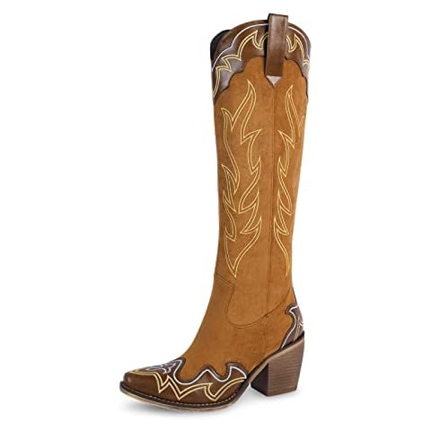 WETKISS Cowboy Boots for Women Embroidered Cowgirl Boots Chunky Heel Western Boots Slip on Suede Knee High Boots, A-brown, 5 UK Cover