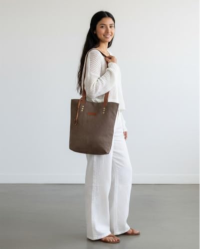 Image of The House of tara Distressed Finish Canvas Tote Handbag | Tassel Embellished | Magnetic Closure & Internal Zip Pocket Shoulder Bag | For College, Office and Daily Use | For Women