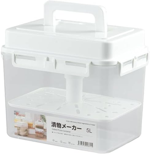 FADZECO つけもの容器 浅漬け 漬物樽 梅干し 漬け物器 密封された瓶 耐熱 大容量 保存容器 密閉容器 家庭用 透明4L 四方ロックシール 弾性圧力プレート 大開口部 ハンドル付き (5L)