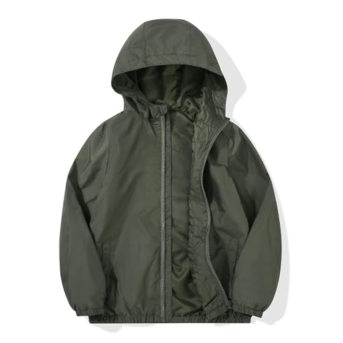 JOYSON Kid Boys Rain Jacket Outdoor Waterproof Jacket Lightweight Windbreaker Breathable Raincoat with Hood Mesh Lining Army Green 5-6 Years