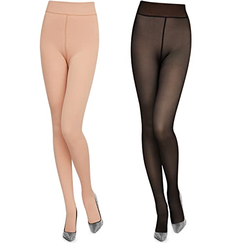 Image of Geyoga 2 Pairs Fleece Lined Tights Women Leggings Fake Translucent Leggings Translucent Winter Sheer Tights Warm Pantyhose(XL,Black, Nude)