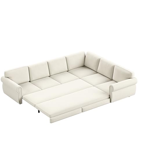 Image of KCGKCG 118 inch Sleeper Sofa Bed, Sectional Couches for Living Room /Apartment, Chenille L Shaped Couch with Pull Out Couch Bed, Convertible Sectional Sofa with Rolled Arm & Nailhead Trim, Beige