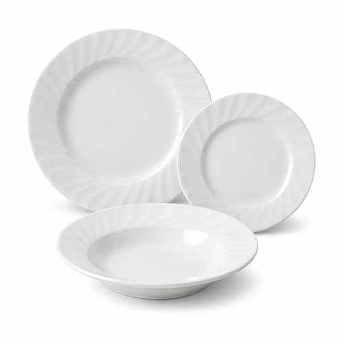 Cecaro Group Set Piatti 18 Pezzi in Ceramica Bianca Margherita – Servizio da Tavola Elegante e Monocromatico – 6 Piatti Piani, 6 Piatti Fondi, 6 Piatti Frutta