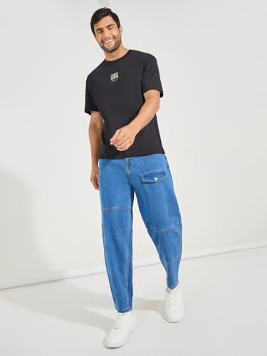 Image of Styli Men Solid Balloon Fit Jeans | Stretchable & Comfort, Mid-Rise Casual Denim Pants for Everyday Wear |Machine Washable