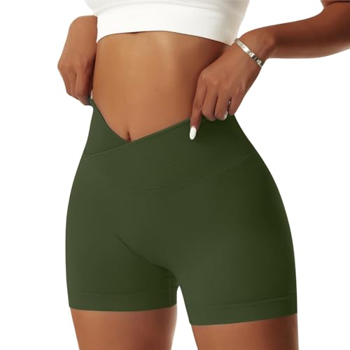 Vertvie Damen Gym Shorts V Cross Stretch Push Up Yoga Shorts Booty Scrunch Fitness Hosen Kurz High Waist Nahtlos Workout Sportshorts Butt Lift Kurze Leggings Sommer (Armeegrün, M)