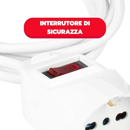 POLY POOL - PP2635 Prolunga Elettrica con Cavo Elettrico Bianco Estensibile 3 Metri - Spina 10A Salvaspazio e Presa Grande Schuko 10A/16A 2P+T Pluristandard - Prolunga con Interruttore di Sicurezza - 3