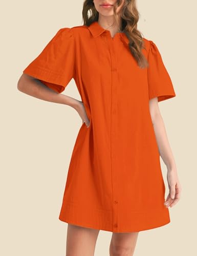 Image of Womens Short Sleeve Button Down Mini Shirt Dress Lapel Collar Short Dresses with Pocket