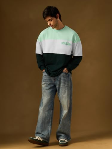 Image of The Souled Store Jasper Men and Boys Round Neck Green and White Colorblock Full Sleeve Oversized T-Shirts Oversized Men's T-Shirts Solid Tees Casual Fashion Relaxed Fit Full Sleeves Round Neck