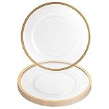 PARTY BARGAINS 13' In Charger Plates [8 Pack] Clear, Gold Rim. Disposable Heavy Duty Plastic Dinner Chargers. Durable Heavy Weight Charger Service Plates. Tableware For Weddings, Formal Events.