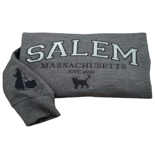 Salem Massachusetts Embroidered Sweatshirt – Hocus Pocus Halloween Crewneck, Spooky Season Fall Sweatshirt with Witch Sleeve Embroidery, Cozy Autumn Gift for Women & Men Multi