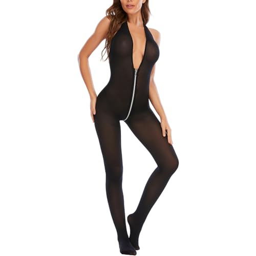 PARUPRUP Damen Front Reißverschluss Neckholder Bodysuit Dessous Sexy V-Ausschnitt Transparent Bodystocking Spitze Durchsichtig Catsuit Nachtwäsche Netzstoff Elastisch Einteilige Strümpfe Reizwäsche