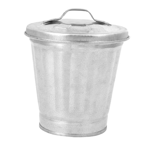 WsjiaboFux Silver Mini Galvanized Trash Can with Lid Mini Tabletop Wastebasket Trash Can with Mini Metal Rubbish Bin Flower Pot Pen Holde Trash, Wastebaskets (9.5X9X9CM),Waste Receptacles and Liners