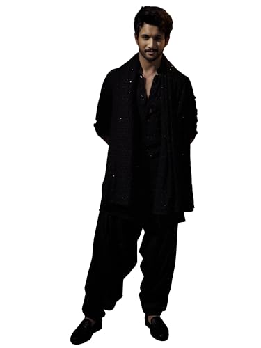 Buy VASTRAMAY Men's Georgette Embroidered Kurta Patiala Set (Black, - Image 1
