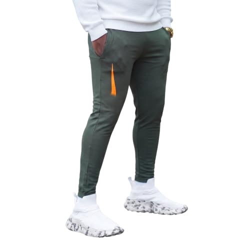 Image of Men's Solid Slim Fit LycraTrack Pants with Orange Accent