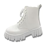 [ALVEIN] 厚底 ブーツ ショートブーツ レースアップ シークレット レディース ビッグヒール ジップアップ サイドジッパー 美脚 (ホワイト, 23.5 cm)