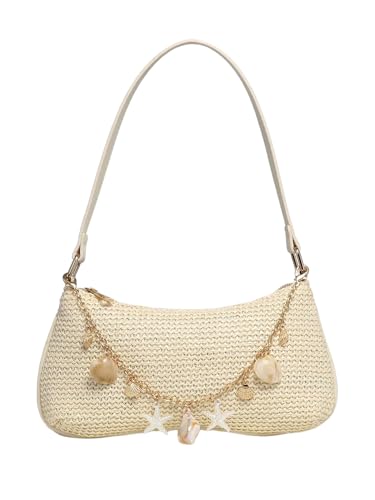 QWINEE Women's Seashell Pearl Beaded Woven Underarm Shoulder Bags Beach Vacation Top Handle Zipper Single Strap Handbag
