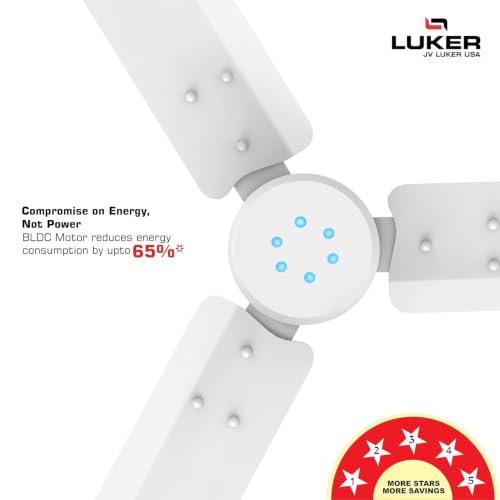 Image of LUKER JVLuker USA 1200mm BLDC Ceiling Fan with IR Remote BEE 5 Star 65% Energy Saving High Air Delivery Low Noise LED Indicator Reverse Mode for Living & Bedroom (White, Aerozen Plus)