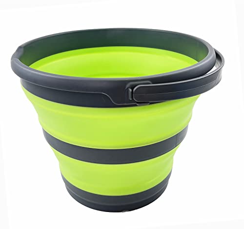 Image of SAMMART 10L (2.6 Gallon) Collapsible Plastic Bucket - Foldable Round Tub - Portable Fishing Water Pail - Space Saving Outdoor Waterpot, Size 33cm Dia (Grey /Grass Green)