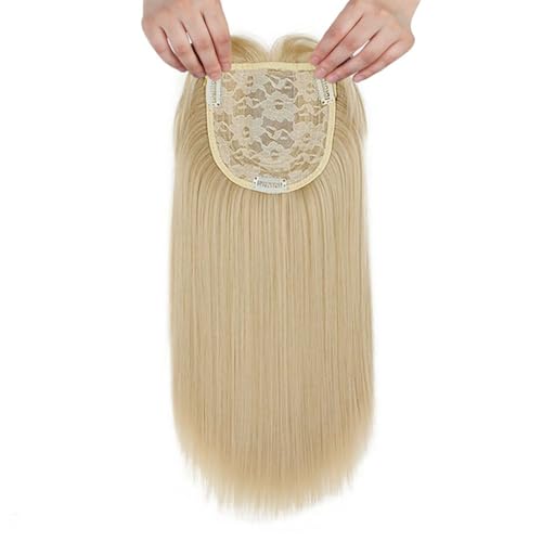 QIANCHUN Silk Straight Hair Topper Thick Bangs 16inch Clip in One Piece Invisible Wiglet Head Top Replacement for Women Hair Loss Blonde