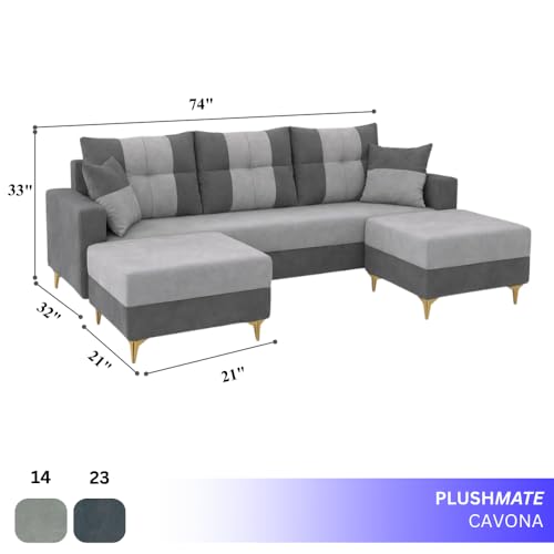 Image of Cavishq 5 Seater L Shape Sofa Set with 2 Movable Ottomans | Flexible Layout | Luxury Velvet Suede Fabric | Modern Living Room Sofa | Dark Grey-Light Grey