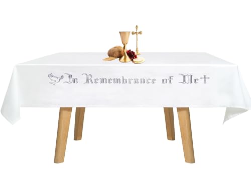 Large in Remembrance of Me Embroidery Altar Frontal Holy Communion Table Cloth Cover, 88.2x52 in Communion Table Cloths for Church for Gatherings Baptism Ceremonies (Silver Embroidery)