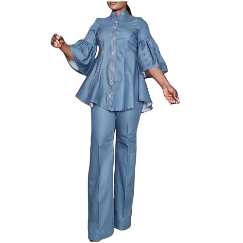 Women's Denim Blazer 2 Piece Outfits Flared Sleeve Button Blazers