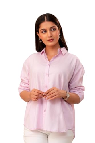 Image of Women's Linen Blend Shirt | Casual Collared Button Down Shirt for Women | Solid Color Full Sleeve Oversized Fit | Summer Casual & Office Wear Top