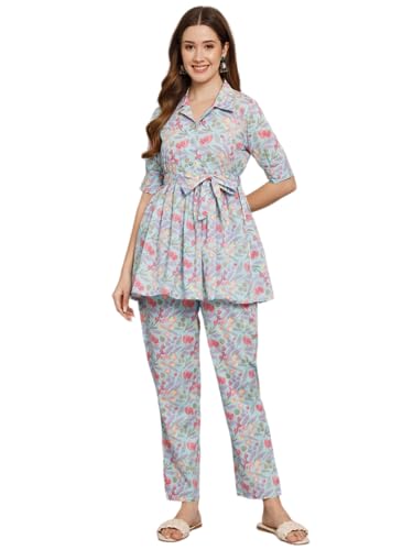 Image of Women's Cotton Regular Fit V Neck Printed Top with Trouser Co-ords Set with Fashion & Elegant Design (1 Top 1 Pant 1 Belt)