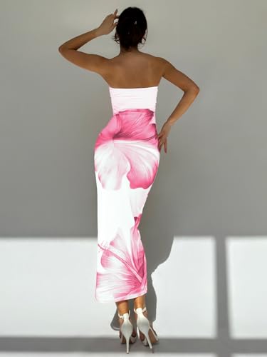 Image of Milumia Women's Floral Strapless Bodycon Maxi Dress Summer Mesh Tube Top Dresses