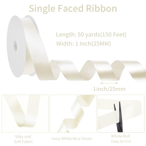 Image of woric Ivory Ribbon 1 Inch 50 Yards Cream Satin Ribbon for Bows Crafts Home Decor Flower Bouquet Gift Wrapping Wedding Bridal Shower Decorations