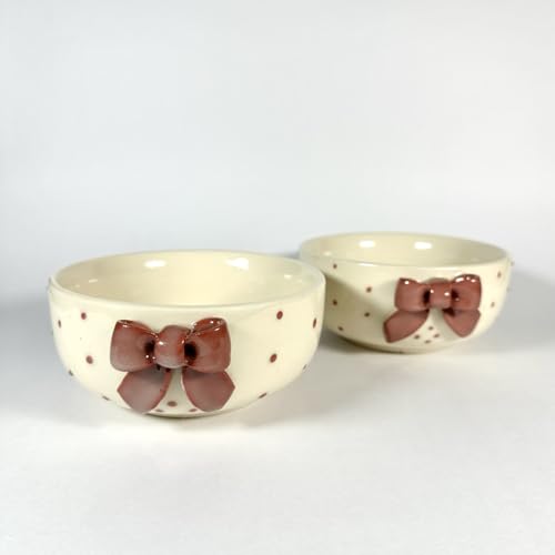 Image of SNS Handmade Ceramic Serving Bowl Set (Set of 2) | Microwave Safe Cute Ceramic Bowl Set | Aesthetic Snack, Salad, Cereal, Dessert & Soup Bowl | Premium Kitchen & Breakfast Bowl (Vino Maroon Bow Bowl)