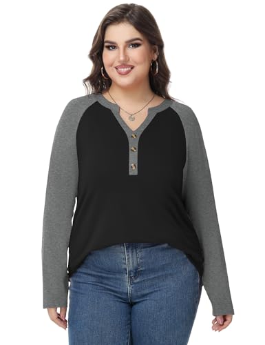 TFSDOD Plus Size Tops for Women Raglan Long Sleeve V Neck T Shirt Color Block Tunic Casual Loose Blouses3