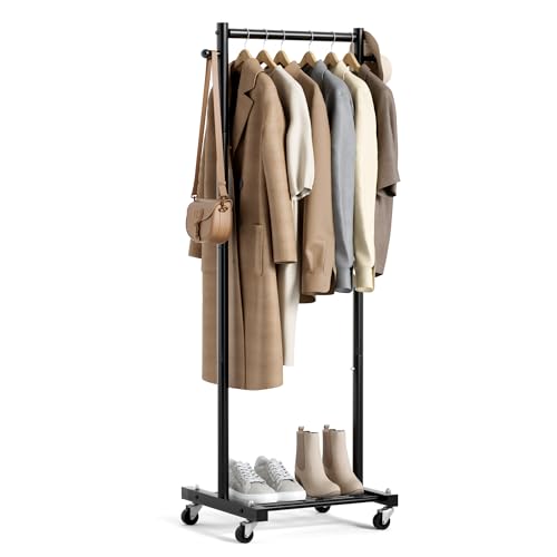 MISSLO Small Clothes Racks for Hanging Clothes Clothing Rack with Wheels 60' Metal Garment Rack with Shelves Portable Rolling Wardrobe Rack for Small Space, Black