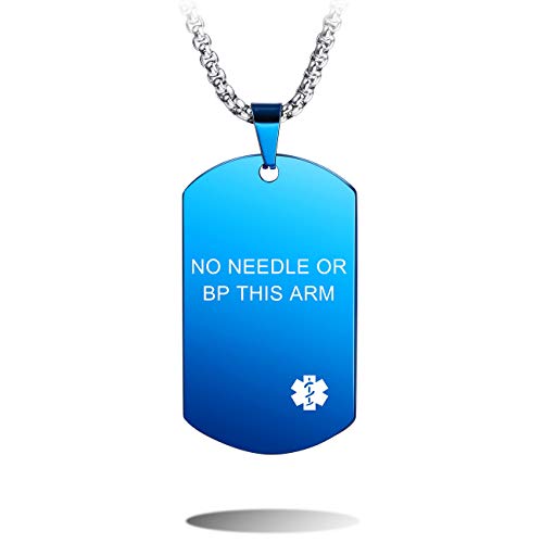 MOWOM Medical Dog Tag Pendant Necklace Custom Engraved Alert for Men Women Stainless Steel - Bundle with : Emergency Card, Sleeve, 2 Inches Extension Chain, Silencer (Blue No Needle Or Bp This Arm)