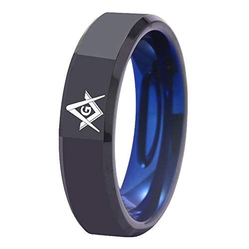 Masonic Freemason Compass Square Ring - 4mm/6mm Black Bevel Polished Finished and Blue Inside Tungsten Carbide - Free Customized Engraving