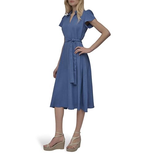 Image of DKNY Women's Short Sleeve Collared V-Neck Tie Waist Midi Dress