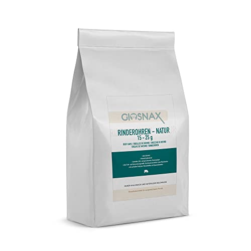 GIOSNAX - Getrocknete Rinderohren Natur Groß, Monatsration, Leckerli, Snack, 100% Rind, für Hunde, ohne Muschel, extra bissfest, schonend getrocknet, Einzelfuttermittel, 15-25g pro Rinderohr, 30 Stück Cover