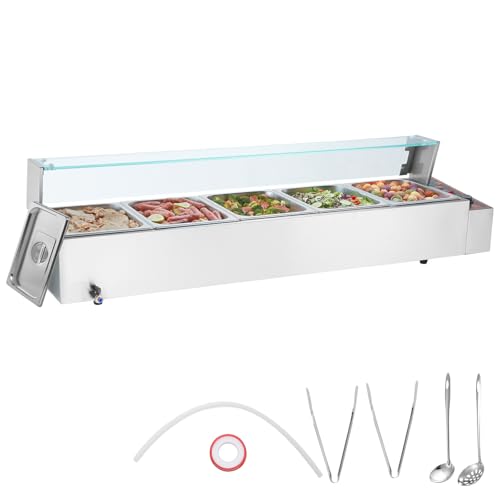 VEVOR 5-Pan Commercial Food Warmer, 5 x 12QT Electric Steam Table with Glass Cover, 1700W Countertop Stainless Steel Buffet Bain Marie 86-185°F Temp Control for Catering, Restaurants, Silver