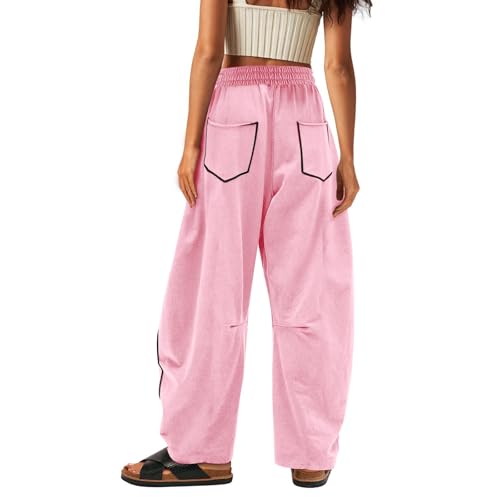 Image of Barrel Pants Women Casual Cargo Wide Leg Baggy Sweatpants Drawstring High Waisted Lounge Palazzo Pants with Pockets