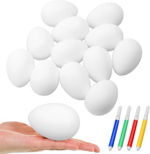 12 Pieces White Blank Plastic Easter Eggs for Hanging Artificial Eggs Bulk Decoration with Rope DIY Painting Basket Fillers Gift with 4 Color Pens
