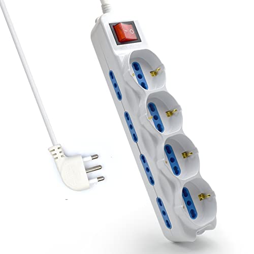 Multipresa a 12 Posti, Ciabatta Elettrica con 12 Prese (4 Schuko/Tedesche + 8 Italiane 10A/16A) - Spina Italiana 10A - Potenza 250V/2500W - Cavo da 5 Metri, Prese Angolate a 45°