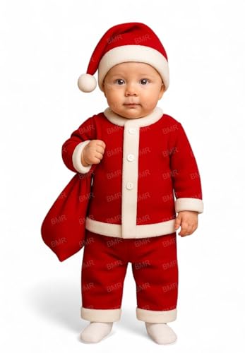 Image of Santa Claus Dress For Baby Boy Girl 0-6 Months 4Pc Set with Shirt Pant Hat Goodie Bag Warm Fleece Infant Christmas Fancy Dress Costume Newborn Xmas Gift Red Outfit Suit Prop