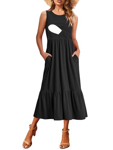 Image of CzzzyL Women Nursing Dress Sleeveless Crew Neck Maternity Flowy Maxi Tiered Cocktail Sundress with Pockets