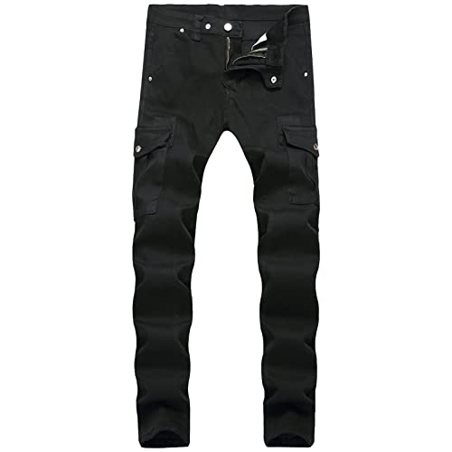 Maiyifu-GJ Men's Destroyed Ripped Stretch Jeans Distressed Multi Pockets Biker Denim Pants Slim Zipper Moto Jean Trousers (Black 1,33)