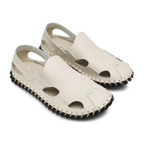 DMGYCK Men's Fisherman Sandals Hand Stitched Comfortable Closed Toe Flat Beach Walking Shoes For Summer Outdoor Casual(White,8.5)