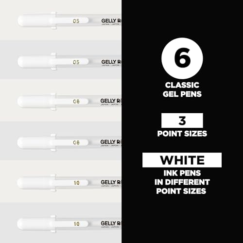 SAKURA Gelly Roll Gel Pens - Fine, Medium & Bold Tip Ink Pens for Journaling, Art, or Drawing - Classic White Ink - 05/08/10 Assorted Tip Sizes - 6 Pack