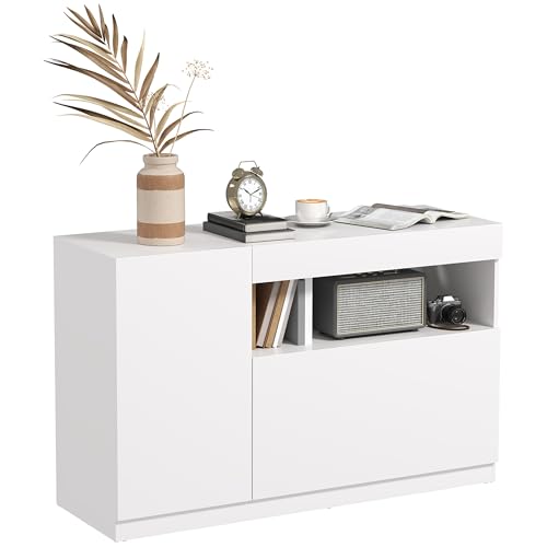 HOMCOM Credenza Cucina Bassa con Ante Ammortizzate, Mobile Buffet con 2 Armadietti, Scaffale Aperto, 2 Fori Passacavi, Ripiano Regolabile e Sistema Antiribaltamento, Bianco